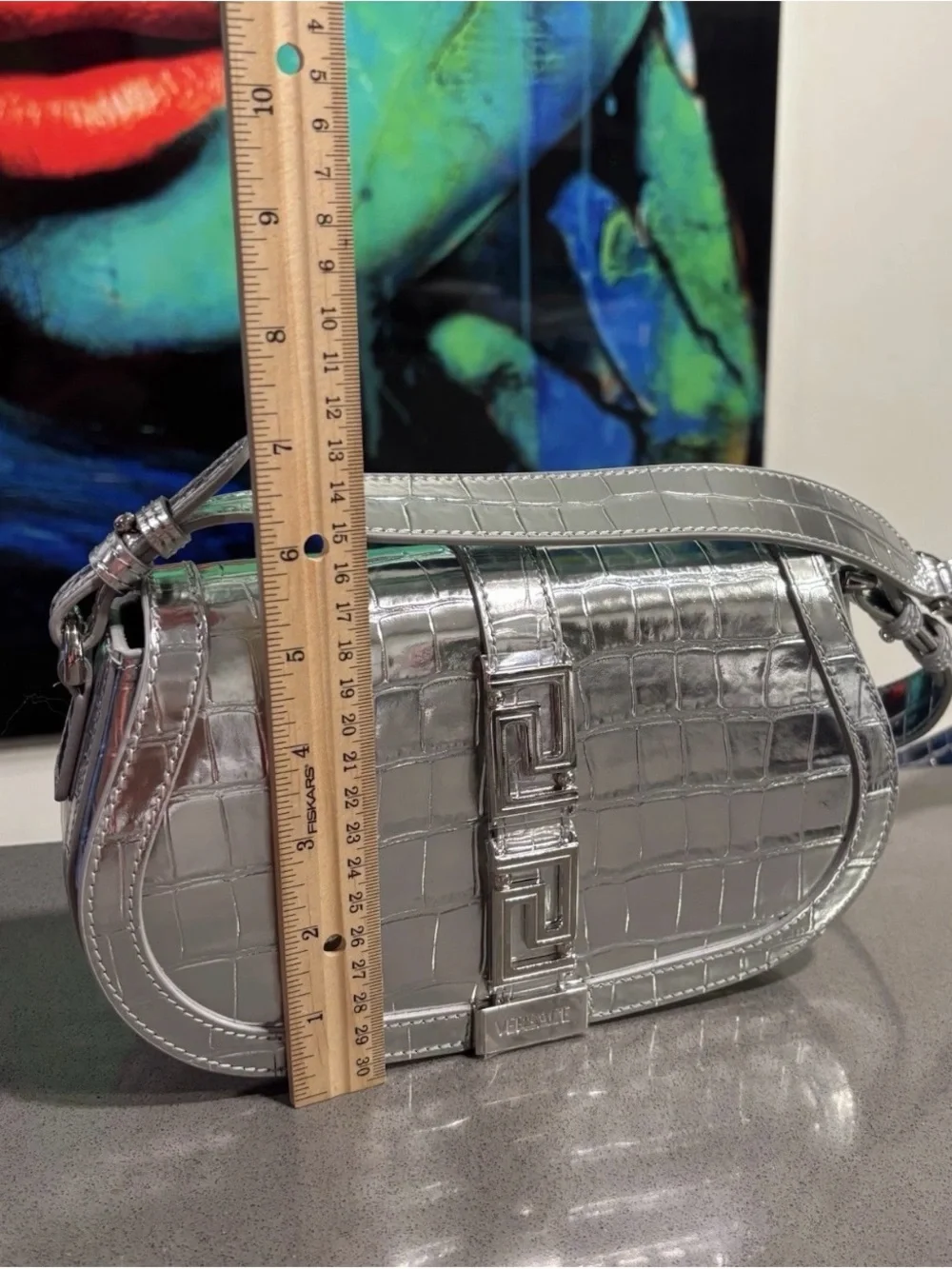 Versace Silver Croc-Embossed Crossbody Saddle Bag